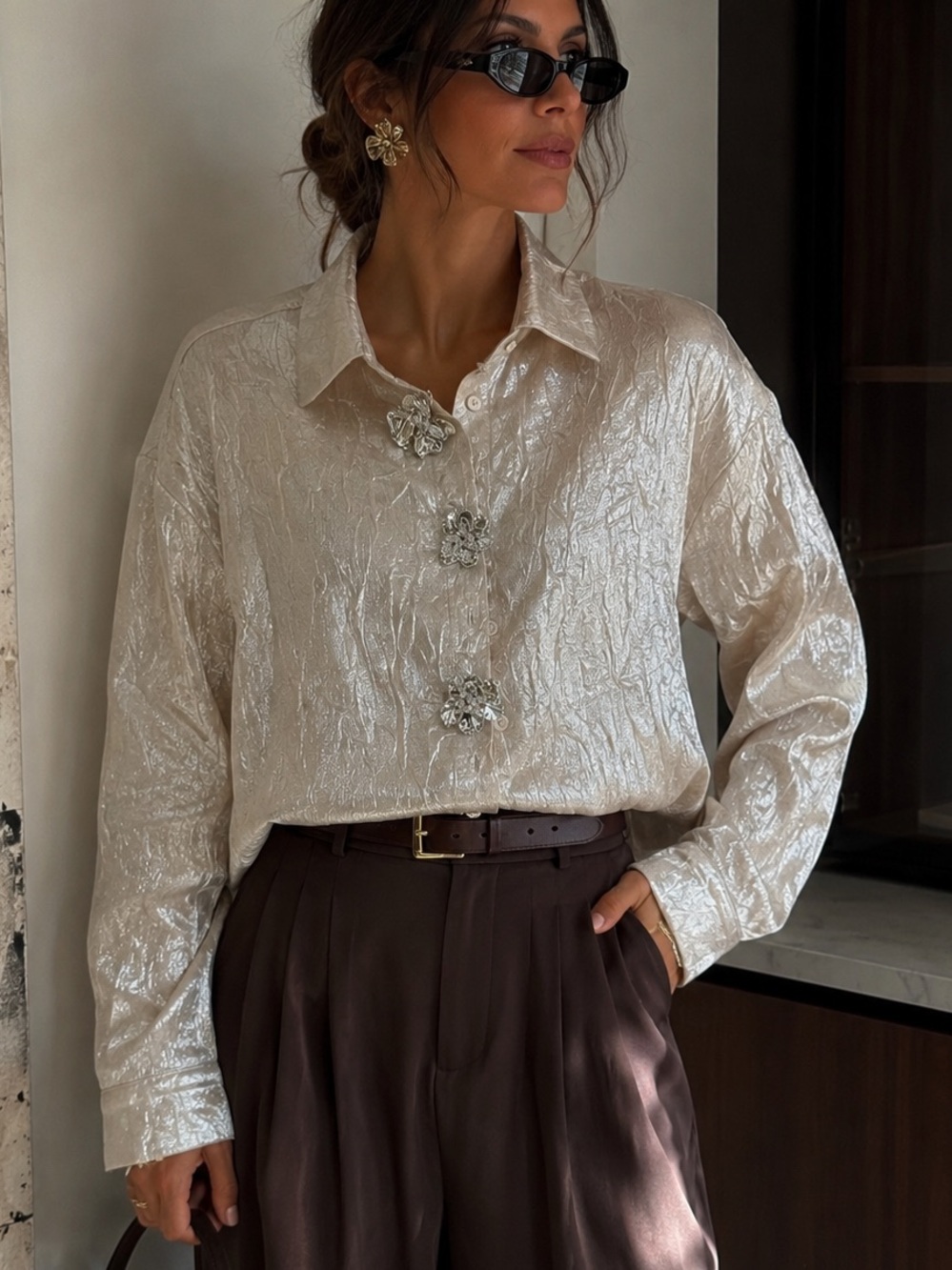 Shimmery Cream Long-Sleeve Button Front Blouse Size S